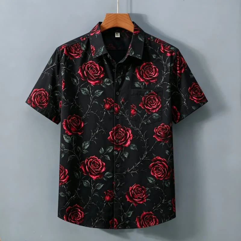 Men's Retro Floral Printed Short Sleeved Shirt With pockets, Elegant Retro style, For commuting, Light vacations, Dates