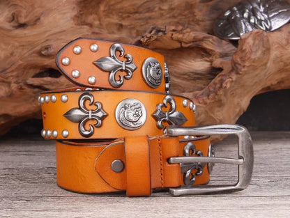 High Quality Metal Rivet Cowboy Belt Top Grain Genuine Leather Cowskin Men Belt Punk Rivet Jeans Belts For Men