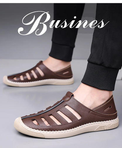 Outdoor Men Summer Sandals Breathable Hollow Leisure Anti Slip Leather Beach Shoes Fashionable Man Comfortable Hole Shoes