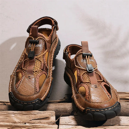 Men's Handmade Simple Letter-Print Sandals, Summer Beach Hollow Sandals, Fashionable Velcro Men's Shoes, Outdoor Hiking and River-Tracing Shoes, Comfortable, Breathable, Wear-Resistant, Non-Slip, Large Size Men's Shoes