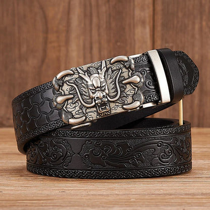 3.5cm Fashion Embossing Retro Male Belts for Men Business Split Leather Belt Dragon Pattern Automatic Buckle Strap