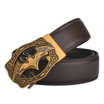 Men's Vintage Bat Pattern Genuine Leather Belt, Silver Gold Automatic Buckle, Plus Size 130 140 150 160 170cm Casual Waistband