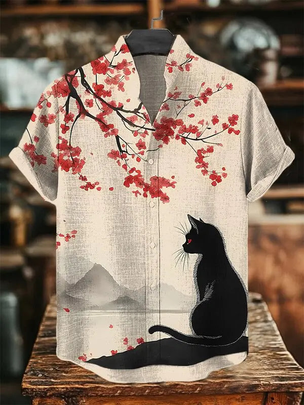 Men's Edo Cat Samurai Warrior Japanese Art Anime Shirts 3D Print Casual Hawaiian Shirts Summer Men Women Short Sleeve Blouse Top