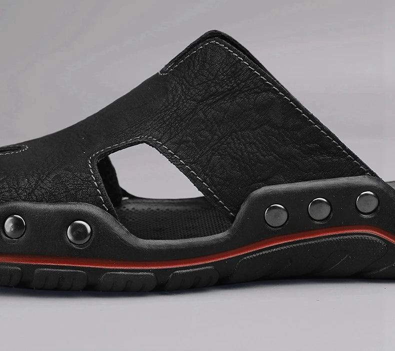 Summer Men Slippers Genuine Leather Breathable Clogs Sandals Beach Classics Leather Slides Outdoor Flip Flops Plus Size Men Shoe