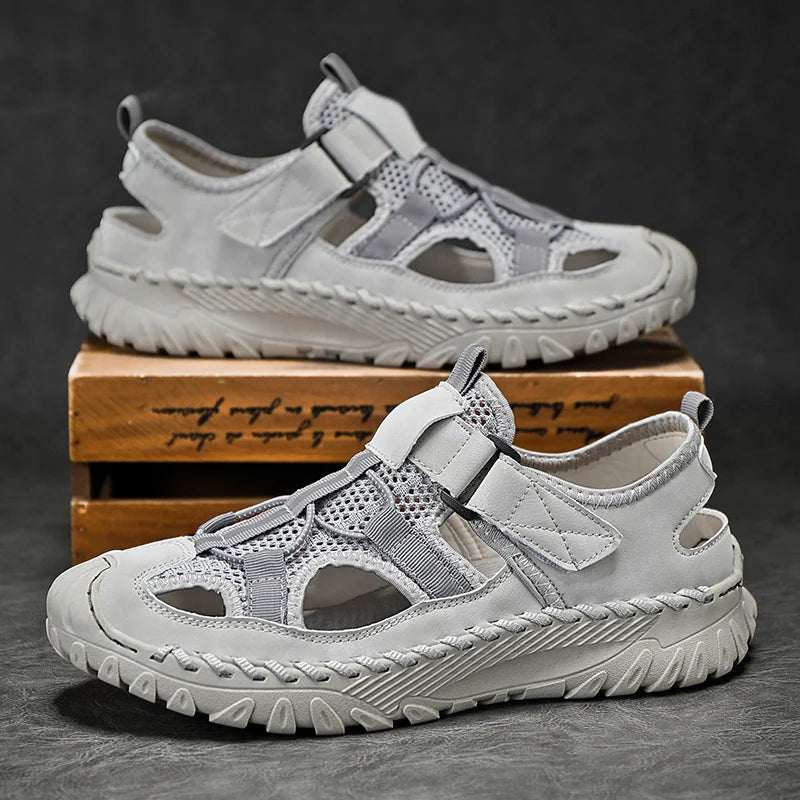 Men Outdoor Protective Toe Sandals Hollow Breathable Mesh Upper Quick Dry Lining Non Slip Walking Camping Driving Casual Shoes