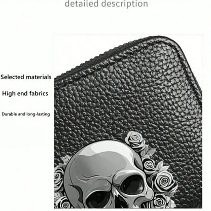 Gothic Skull Floral Print Wallet Multifunctional Card Holder Zipper Coin Purse Unique Gift For Men Mini Wallet Purse Card Holder