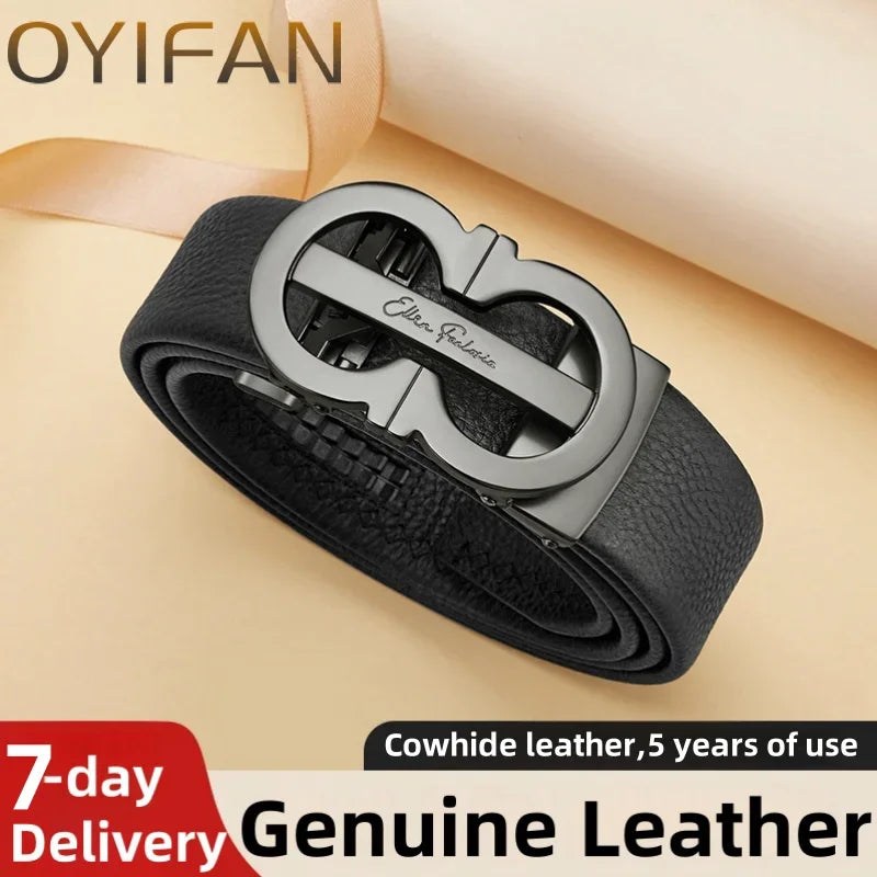 OYIFAN Automatic Ratchet Belt for Men - Genuine Leather Strap with Alloy Buckle, Durable for Daily Wear