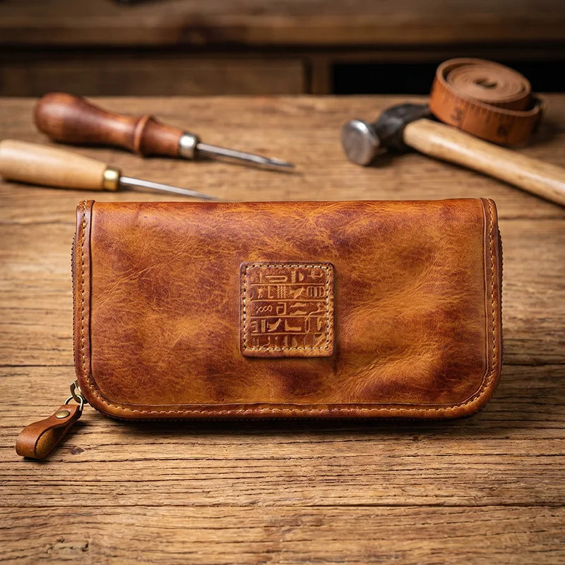 YETTIES Men's Vegetable Tanned Leather Long Clutch Wallet Large Capacity Multi-Function Document Vintage Business Handheld Purse