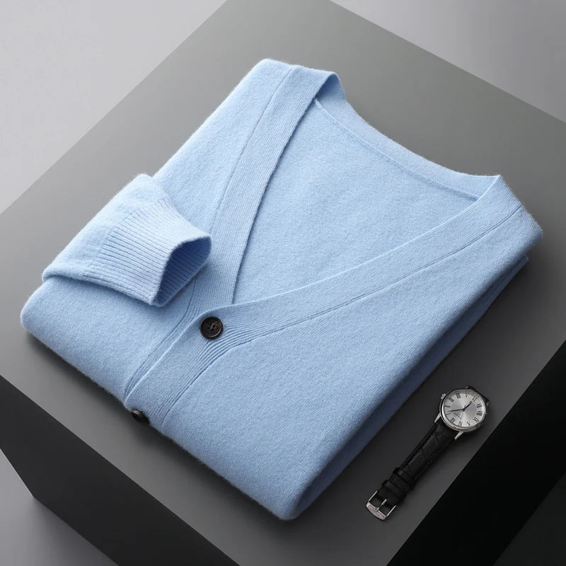 100% Pure Wool Sweater Autumn Winter New Men's Cardigan V-Neck Buckle Jacket Loose Casual Cashmere Knitted Sweater Long Sleeveds