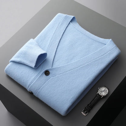 100% Pure Wool Sweater Autumn Winter New Men's Cardigan V-Neck Buckle Jacket Loose Casual Cashmere Knitted Sweater Long Sleeveds