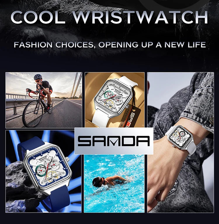 SANDA New Casual Men's Square Watches Fashion Hollow Skeleton Luminous 5ATM Waterproof Multifunction Chronograph Quartz Watch