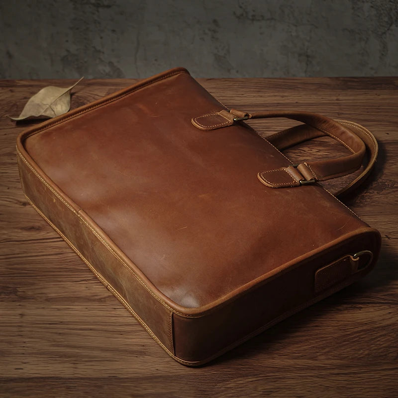 NUKA Men's Executive Briefcase High Quality Real Leather Business Handbag Retro Original Cowhide Shoulder Bag For 15 Inch Laptop