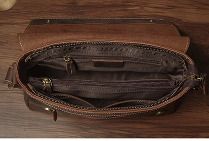 NUKA Men's Genuine Leather Shoulder Bag Retro Original Cowhide Horizontal Crossbody Deluxe Flap Messenger Bags For 11 Inch Ipad