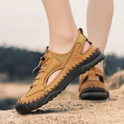 Summer Men Full Casual Leather Hand Stitch Big Size Outdoor Beach Sandals Closed Toe Non Slip Comfort New Summer Walking Shoes