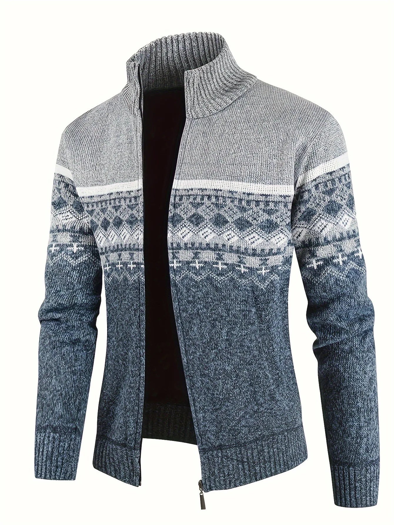Men's Zip Up Fair Isle Cardigan Sweater Warm Knit Jacquard Stand Collar Casual Winter Pullover with Thermal Lining