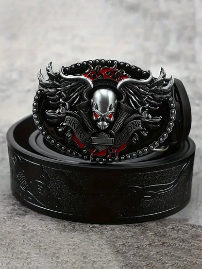 HERSHINE Men's Vintage Embossed Leather Belt (1 Piece), Skull Ghost Buckle, Y2K Gothic Punk Rock Hip Hop Accessory，spring，summer