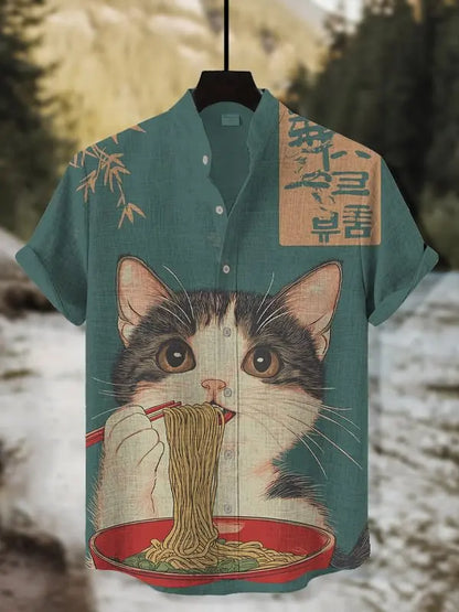 Men's Edo Cat Samurai Warrior Japanese Art Anime Shirts 3D Print Casual Hawaiian Shirts Summer Men Women Short Sleeve Blouse Top