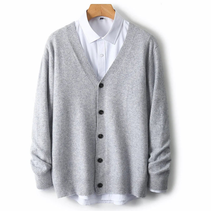 100% Pure Wool Sweater Autumn Winter New Men's Cardigan V-Neck Buckle Jacket Loose Casual Cashmere Knitted Sweater Long Sleeveds