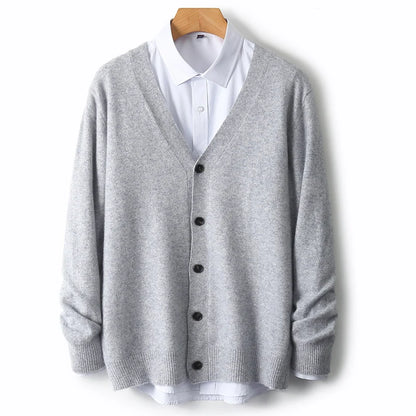100% Pure Wool Sweater Autumn Winter New Men's Cardigan V-Neck Buckle Jacket Loose Casual Cashmere Knitted Sweater Long Sleeveds