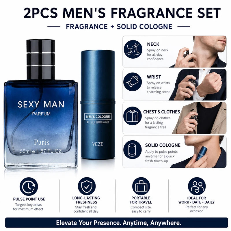 2PCS Men's Cologne Set No Box Long Lasting Fresh Marine Perfume Spray + Solid Cologne Portable Travel Gift for Men