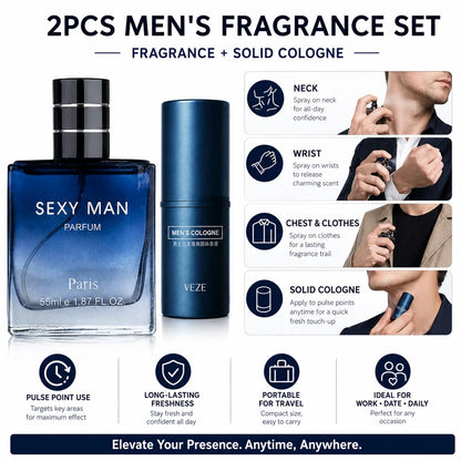 2PCS Men's Cologne Set No Box Long Lasting Fresh Marine Perfume Spray + Solid Cologne Portable Travel Gift for Men