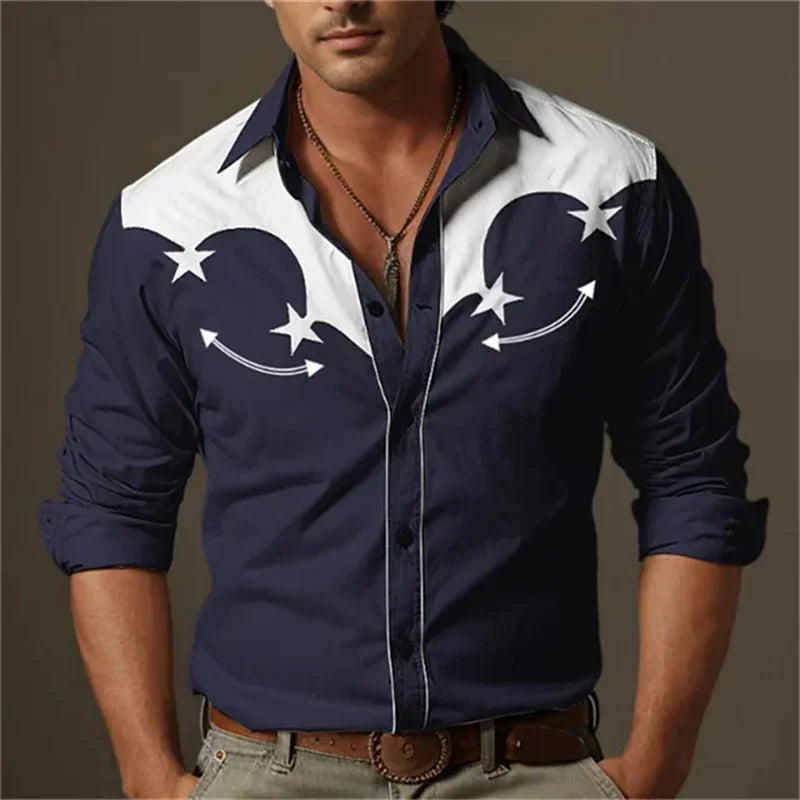 Men's Western Shirt Vintage Pattern Lapel Long Sleeve Button Print Top Fashion Streetwear Designer Western Style