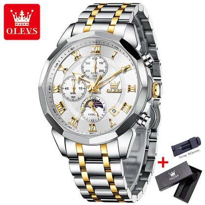 OLEVS 3675 Luxury Calendar Stainless Steel Quartz Mens Wristwatches Chronograph Waterproof Watch for Men Luminous Reloj Hombre