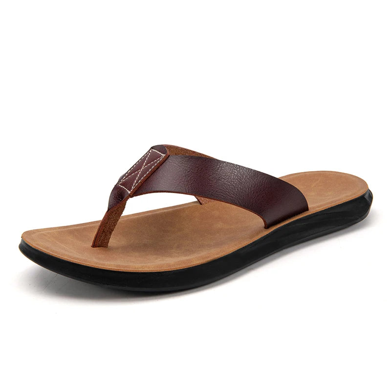 2023 New Italian Leather Flip-flops For Men Cool Beach Summer Shoes Hotel Slippers Man Big Size 47 Light Flats Luxe Men's Shoes