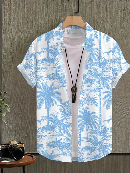 Men's Coconut Tree Graphic Print Short Sleeve Lapel Shirt Tops Men's Casual Button-Down Shirts for Summer Daily Wear Men Clothes