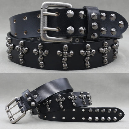 Designer Brand Belt Men Rivet Real Leather Pin Belt Male Black Rock Genuine Leather Cowhide Luxury Punk Belt Jeans