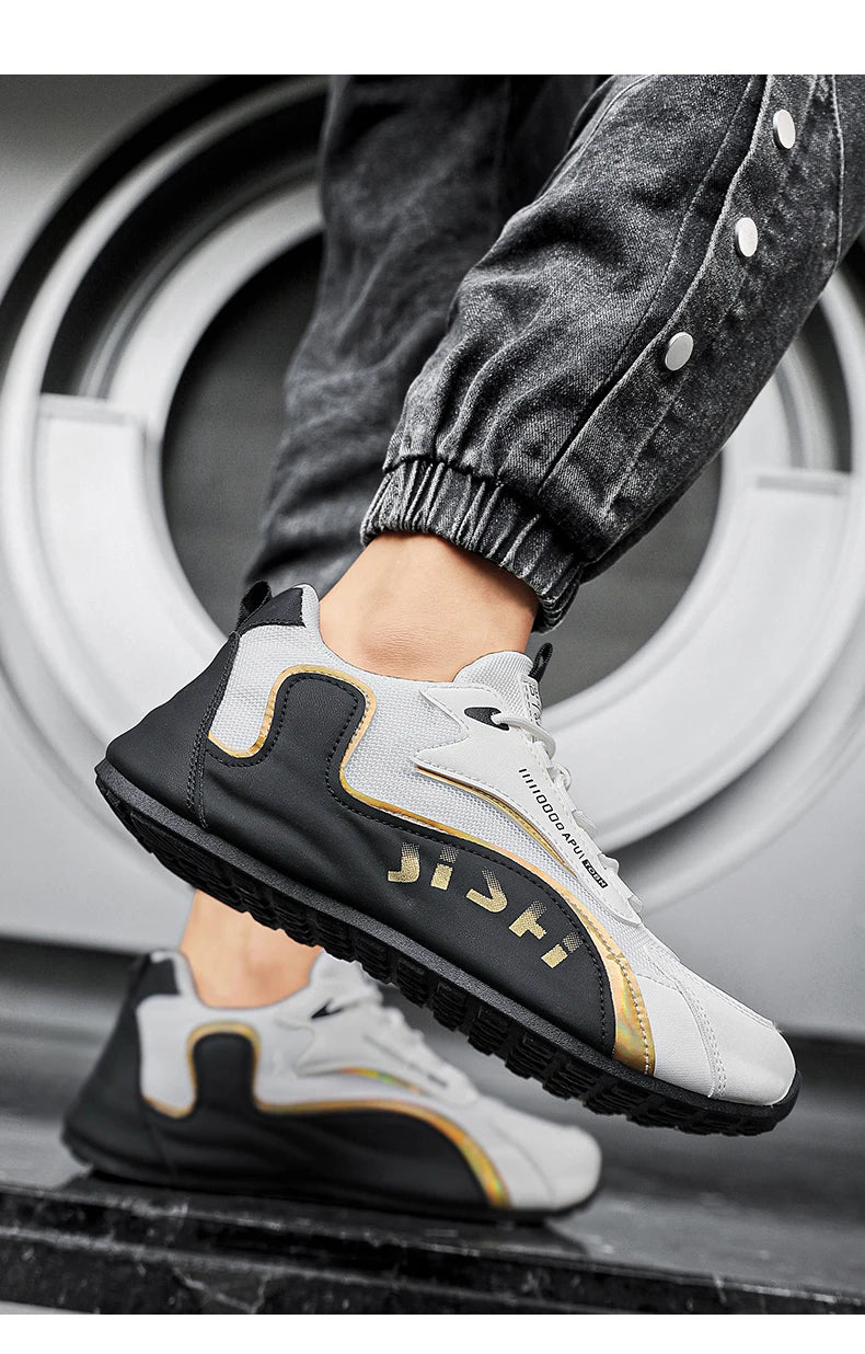 Trendy Black and Gold Color-Blocking Mesh Casual Shoes, Men's Breathable Shock-Absorbing Thick-Soled Sneakers, Versatile Soft-Soled Non-Slip Men's Shoes for Daily Commuting