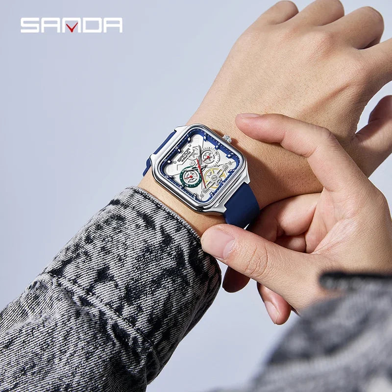 SANDA New Casual Men's Square Watches Fashion Hollow Skeleton Luminous 5ATM Waterproof Multifunction Chronograph Quartz Watch
