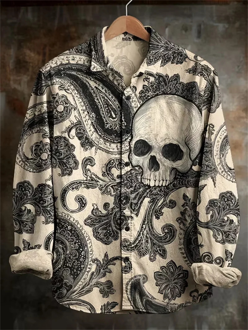 New retro Paisley skeleton 3D printed men's long sleeved shirt with dark style vintage casual shirt clothing