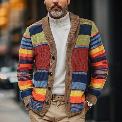 Trendy Mens Knitted Cardigans 2025 Spring Casual Button-up Lapel Sweatercoats Men Vintage Rainbow Striped Sweater Jacket Coats