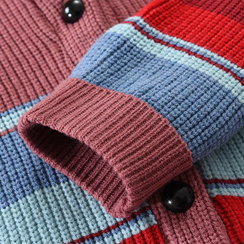 Trendy Mens Knitted Cardigans 2025 Spring Casual Button-up Lapel Sweatercoats Men Vintage Rainbow Striped Sweater Jacket Coats