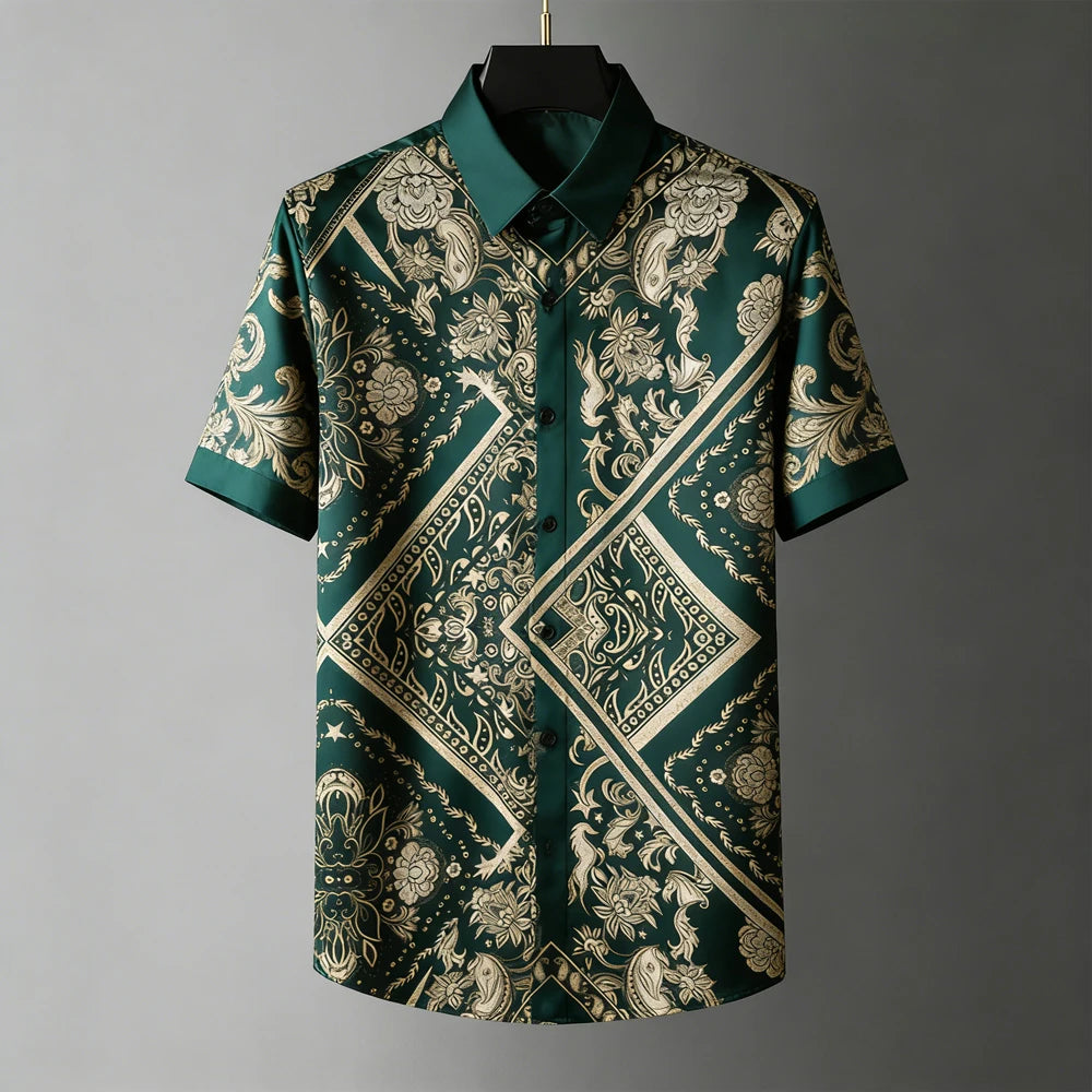 Men's Fashion Retro Breathable Soft Short Sleeve Shirt Gold Pattern Natural 3D Printed Shirt Men's Wedding Casual Party Tops Men