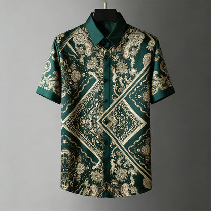 Men's Fashion Retro Breathable Soft Short Sleeve Shirt Gold Pattern Natural 3D Printed Shirt Men's Wedding Casual Party Tops Men