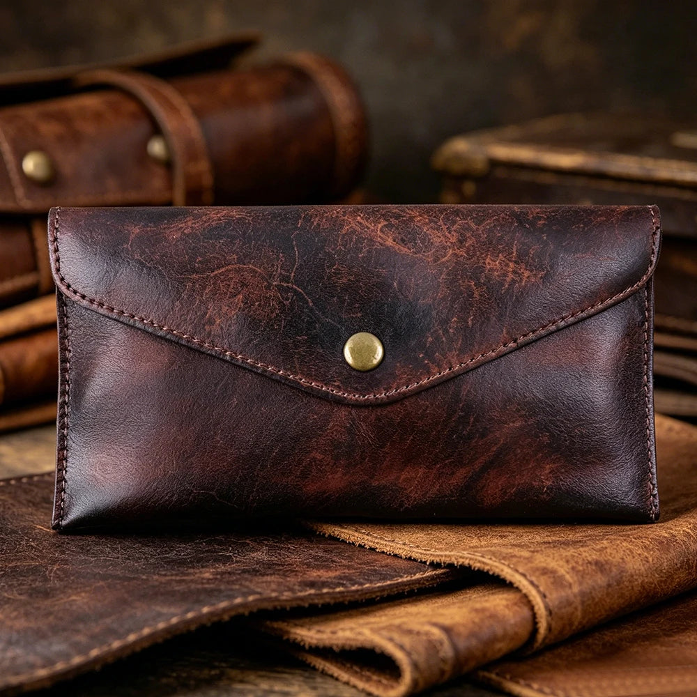 Genuine Leather Men Handmade Wallet High Quality Retro Handbag Simple Phone Pocket Card Bag Big Capacity Male Purses