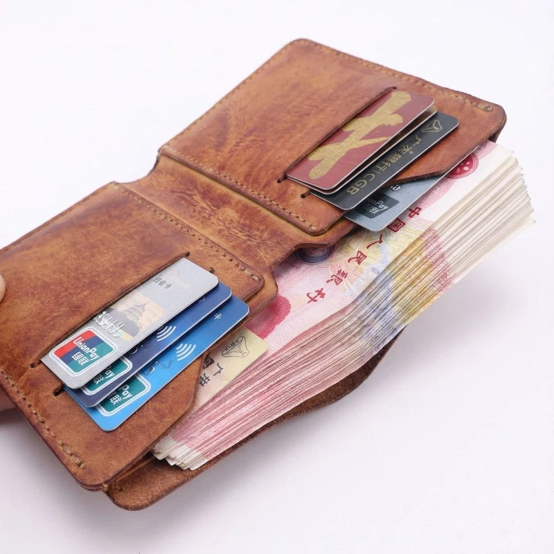 Retro Handcrafted Genuine Leather Small Wallet for Men, Vintage Durable EDC Card Holder, Men Multi-card Slots Organizer Wallet