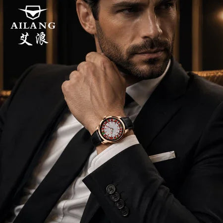 AILANG Fashionable and Noble Red Top Men Mechanical Watch Button Gambling Table Game Roulette Watches Pointer Sapphire Watch