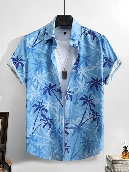 Men's Coconut Tree Graphic Print Short Sleeve Lapel Shirt Tops Men's Casual Button-Down Shirts for Summer Daily Wear Men Clothes