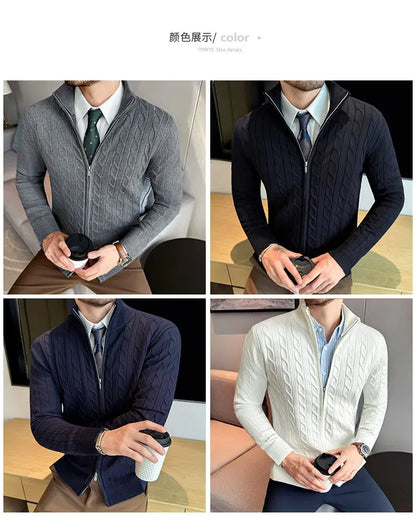 Men's Sweater Autumn Winter New Slim Fit Stand Collar Zipper Knitted Cardigan Fashion Solid Color Warm Stretch Knit Tops Coats