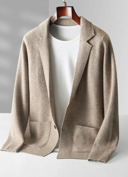 100% Pure Wool Cardigan Men's Spring And Autumn High-End Outerwear Sweater Casual Small Suit Jacket Olive Collar Sweater