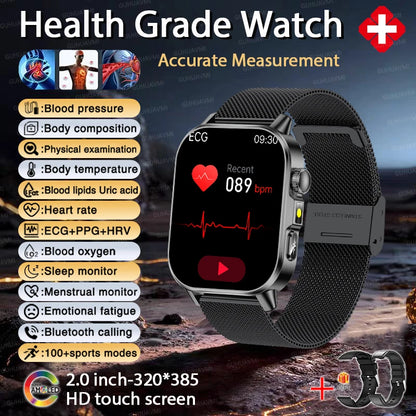 2026 Top Nursing Grade ECG+PPG Smart Watch Men Accurate Blood Pressure Lipids Uric Acid 2.0-inch AMOLED Screen HD Call Watch Men