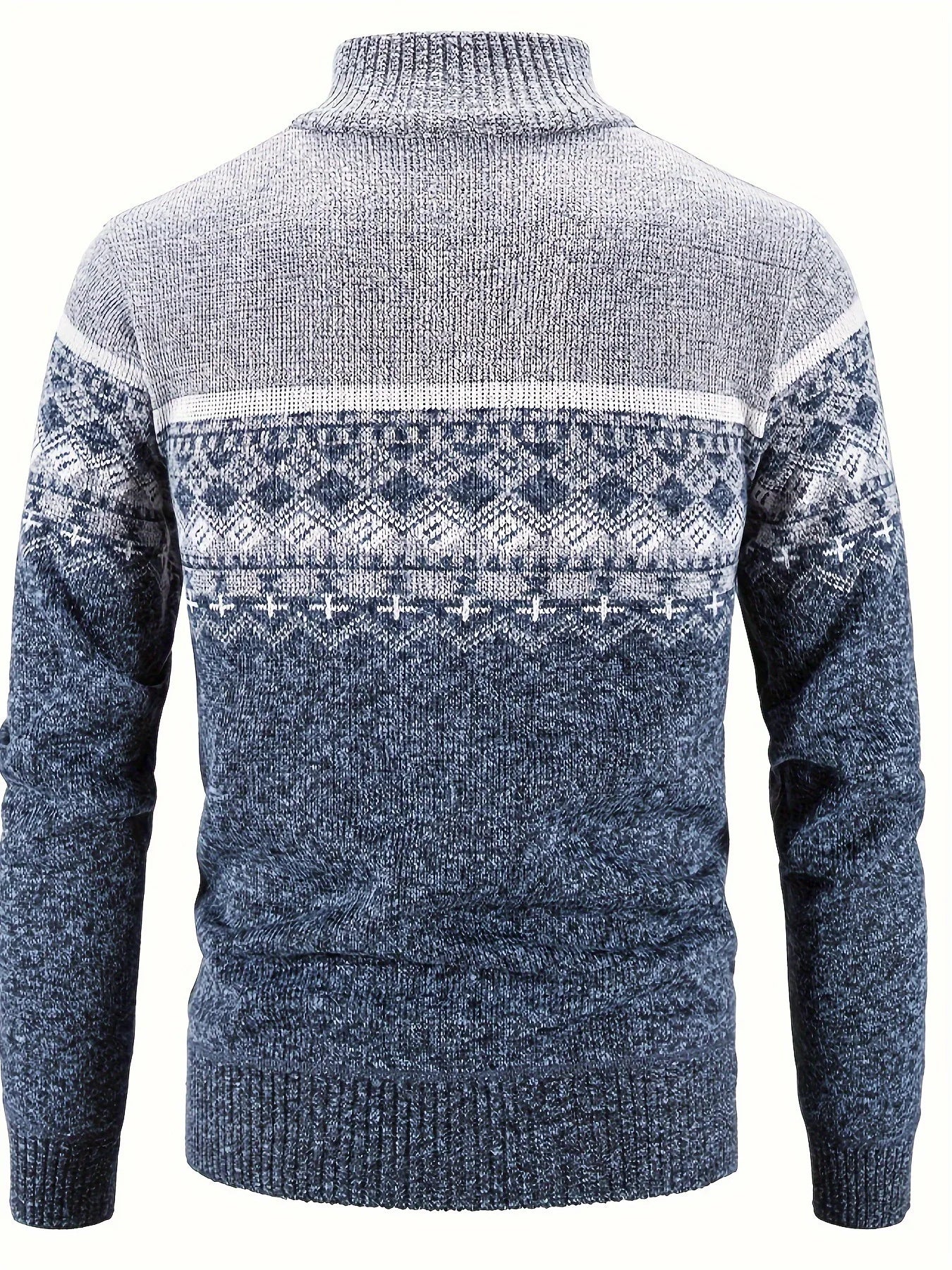 Men's Zip Up Fair Isle Cardigan Sweater Warm Knit Jacquard Stand Collar Casual Winter Pullover with Thermal Lining