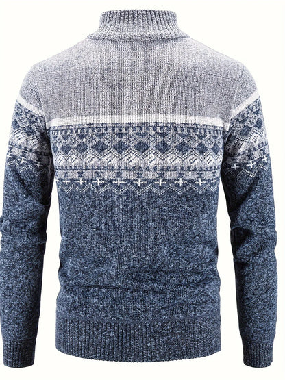 Men's Zip Up Fair Isle Cardigan Sweater Warm Knit Jacquard Stand Collar Casual Winter Pullover with Thermal Lining