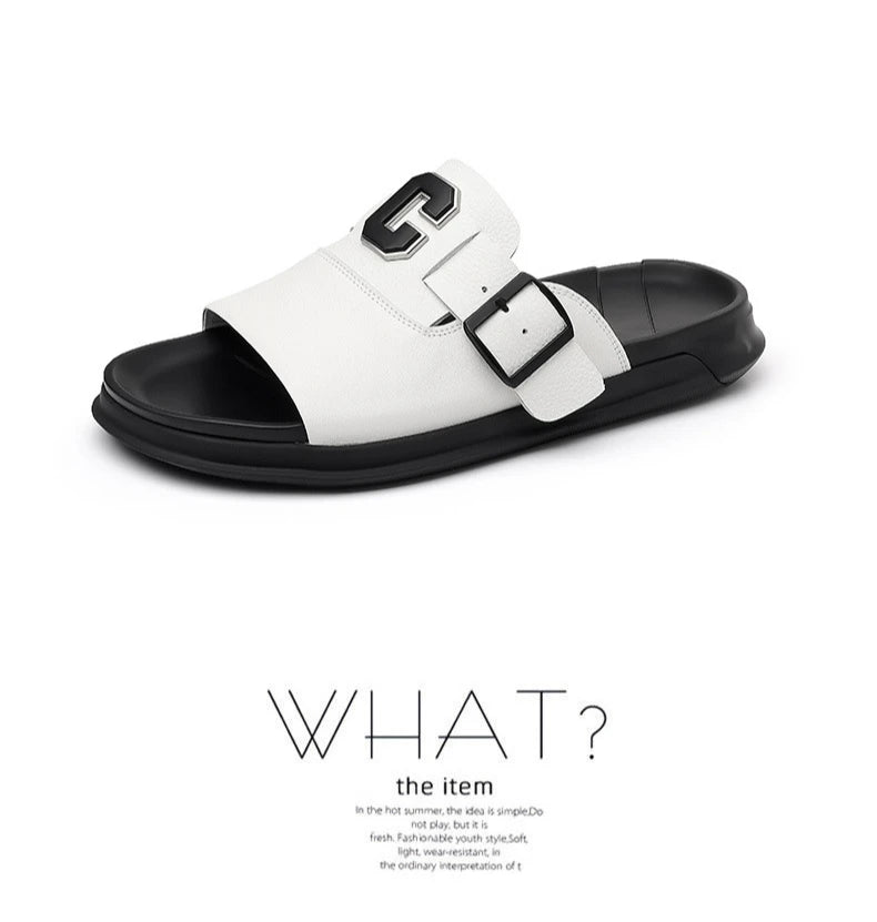 Men Outwear Genuine Leather Slippers for Men Fashion Buckle Designer Summer Flip-flops Male Casual Non-slip Beach Shoes Man