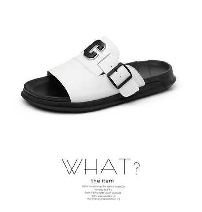 Men Outwear Genuine Leather Slippers for Men Fashion Buckle Designer Summer Flip-flops Male Casual Non-slip Beach Shoes Man