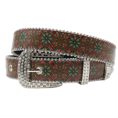 Rhinestone belt B&B style blue print pattern Women's Jeans Rhinestone Belt Men's Belt Western Denim Leather HipHop Rock