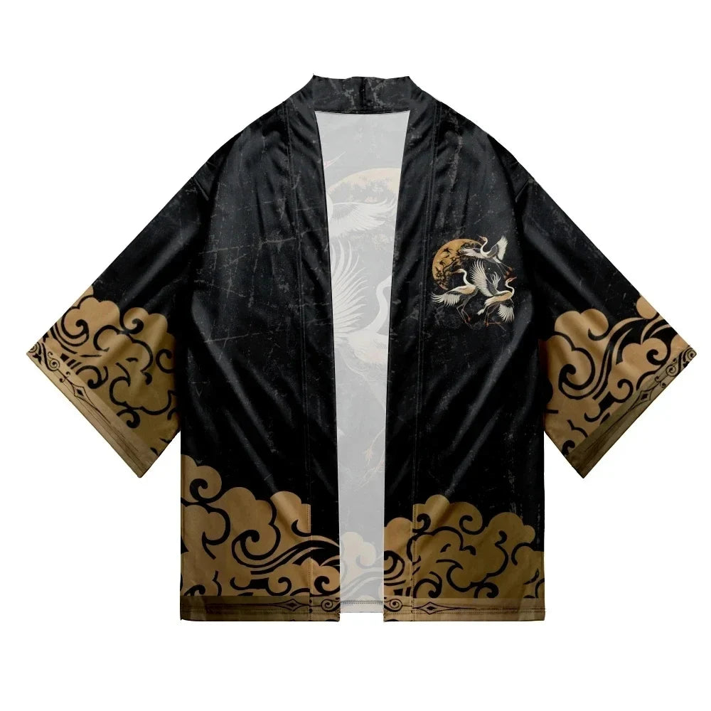 Japanese Style Cosplay Shirt 3D Crane Print For Men Women Traditional Samurai Kimono Haori Japanese Beach Yukata